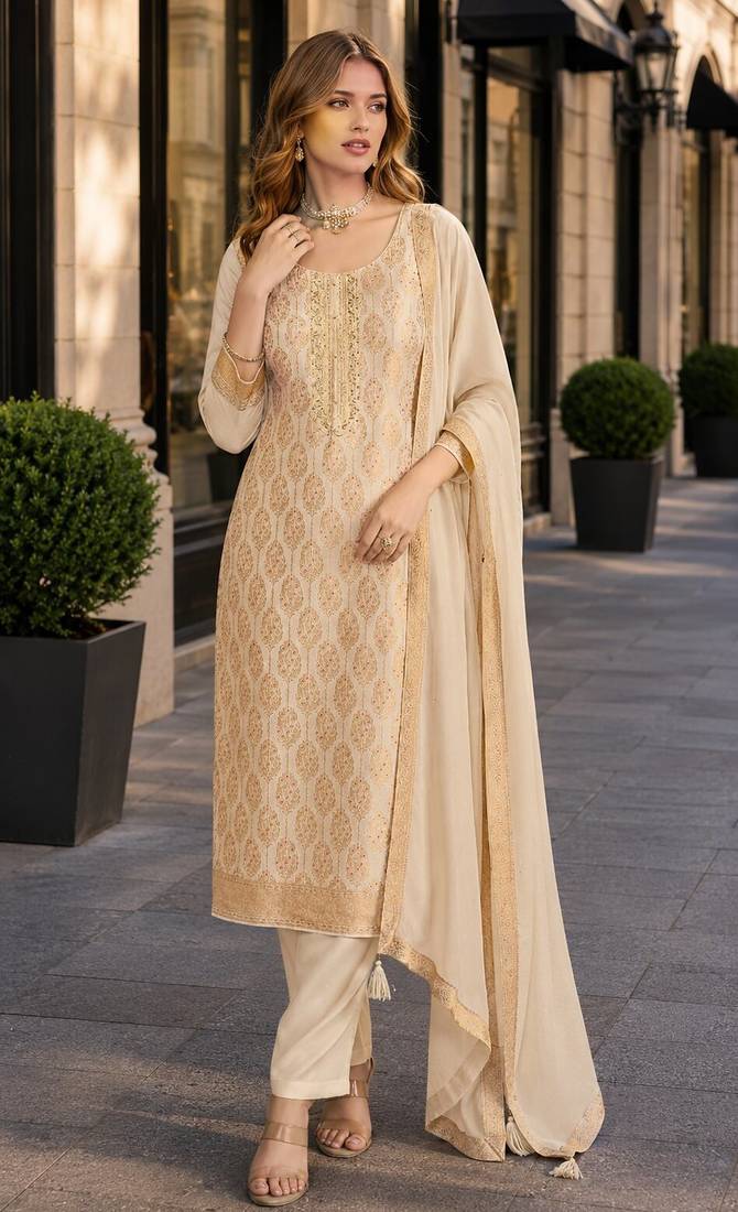 Beige viscose lotus simmer semi stitched suit with jacquard work