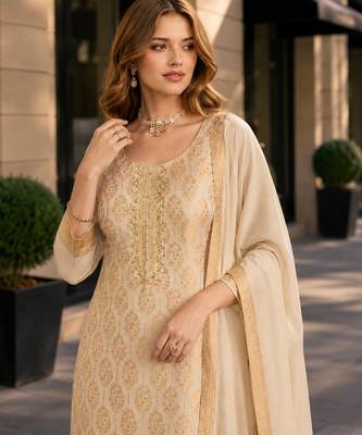Beige viscose lotus simmer suit with jacquard work 2