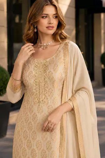Beige viscose lotus simmer semi stitched suit with jacquard work