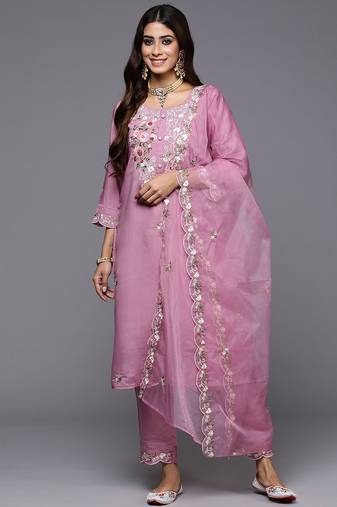 Women floral embroidered regular sequinned kurta with trousers & dupatta