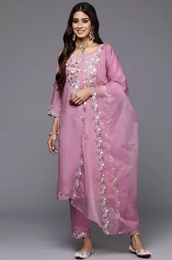 Women floral embroidered regular sequinned kurta with trousers & dupatta