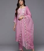 Women floral embroidered sequinned kurta with trousers & dupatta