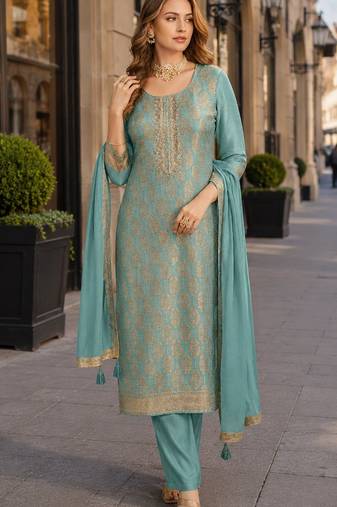 Sky blue viscose lotus simmer semi stitched suit with jacquard work