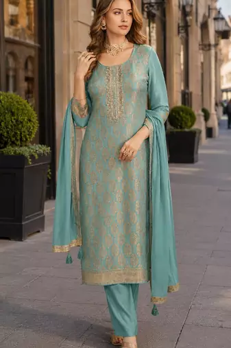 Sky blue viscose lotus simmer semi stitched suit with jacquard work