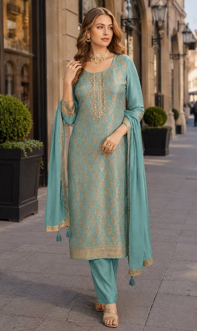 Sky blue viscose lotus simmer semi stitched suit with jacquard work