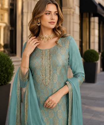 Sky blue viscose lotus simmer suit with jacquard work 2