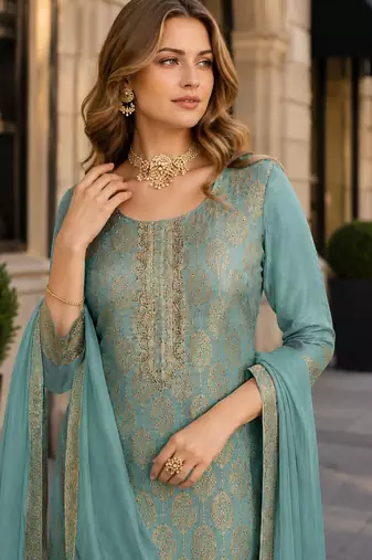 Sky blue viscose lotus simmer semi stitched suit with jacquard work