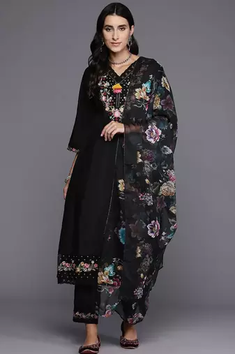 Women floral embroidered regular thread work kurta with trousers & with dupatta