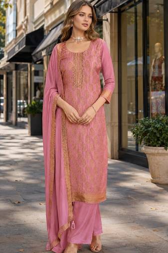 Pink viscose lotus simmer semi stitched suit with jacquard work