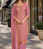 Pink viscose lotus simmer semi stitched suit with jacquard work