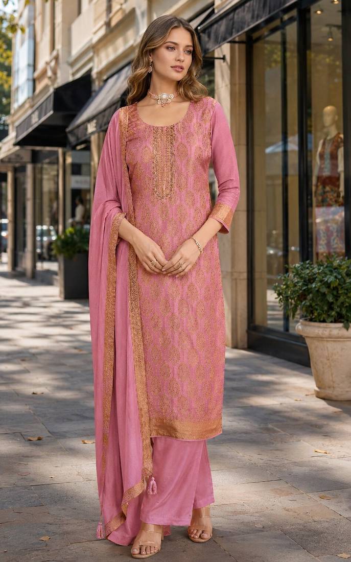 Pink viscose lotus simmer semi stitched suit with jacquard work