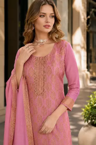 Pink viscose lotus simmer semi stitched suit with jacquard work