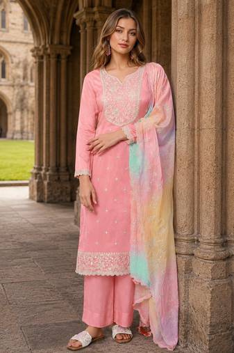 Peach moonga silk semi stitched suit with embroidery sequin work