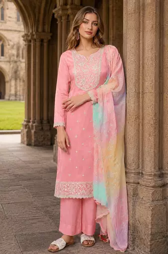 Peach moonga silk semi stitched suit with embroidery sequin work