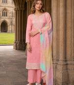Peach moonga silk semi stitched suit with embroidery sequence work