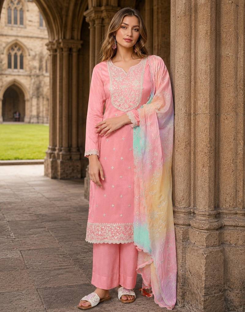 Peach moonga silk semi stitched suit with embroidery sequence work