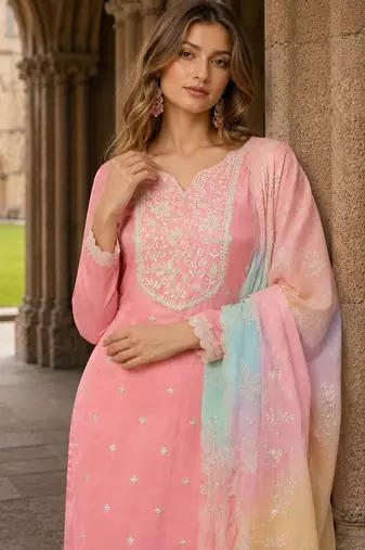Peach moonga silk semi stitched suit with embroidery sequin work