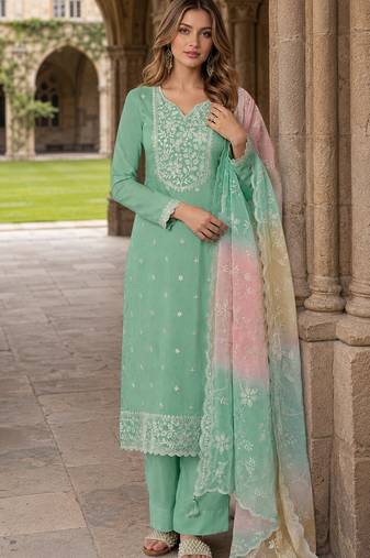 Green moonga silk semi stitched suit with embroidery sequence work