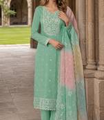 Green moonga silk semi stitched suit with embroidery sequence work