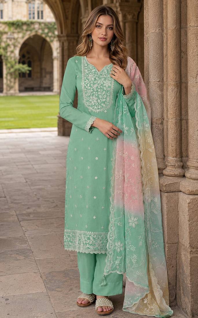 Green moonga silk semi stitched suit with embroidery sequence work