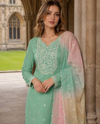 Green moonga silk suit with embroidery sequin work 2