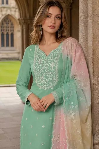 Green moonga silk suit with embroidery sequin work