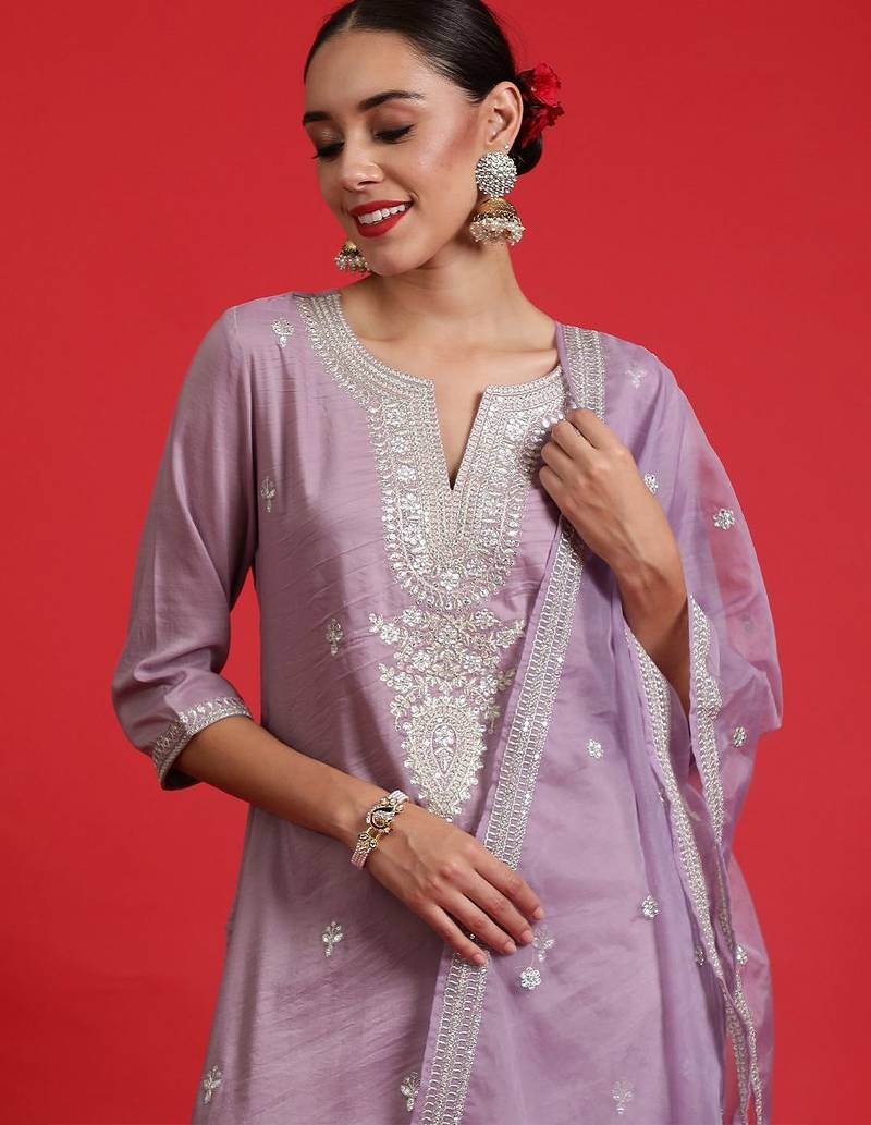 Ethnic motifs embroidered regular sequinned kurta with trousers & dupatta