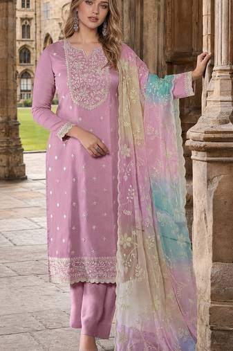 Purple moonga silk semi stitched suit with embroidery sequence work