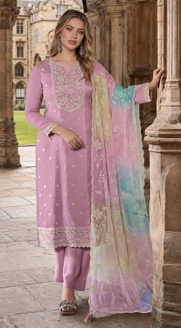 Purple moonga silk semi stitched suit with embroidery sequence work