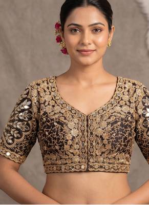 Black italian silk heavy embroidered readymade blouse with real mirror and zari work 1