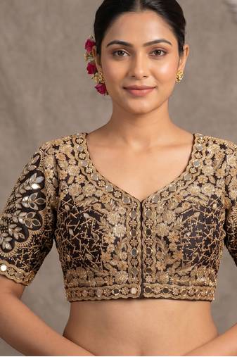 Black italian silk heavy embroidered readymade blouse with real mirror and zari work