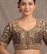 Black italian silk heavy embroidered readymade blouse with real mirror and zari work