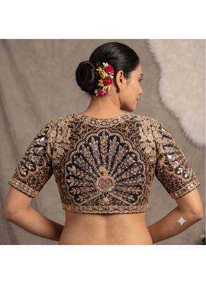 Black italian silk heavy embroidered readymade blouse with real mirror and zari work 2