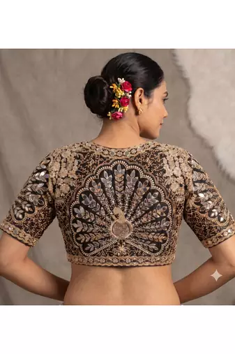 Black italian silk heavy embroidered readymade blouse with real mirror and zari work