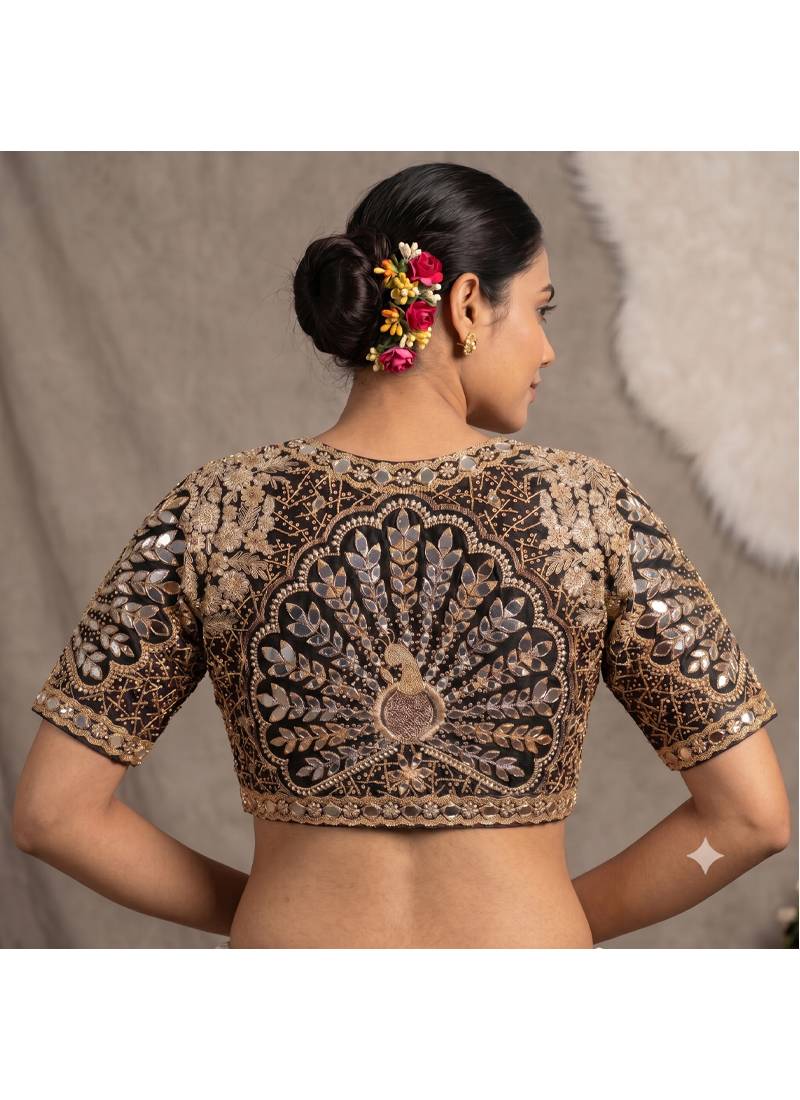 Black italian silk heavy embroidered readymade blouse with real mirror and zari work
