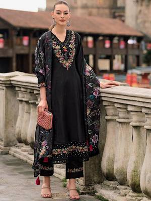 Floral yoke design thread work a-line kurta with trousers & dupatta 1