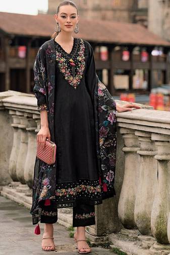 Floral yoke design thread work a-line kurta with trousers & dupatta
