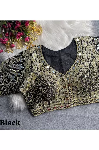 Black italian silk heavy embroidered readymade blouse with real mirror and zari work