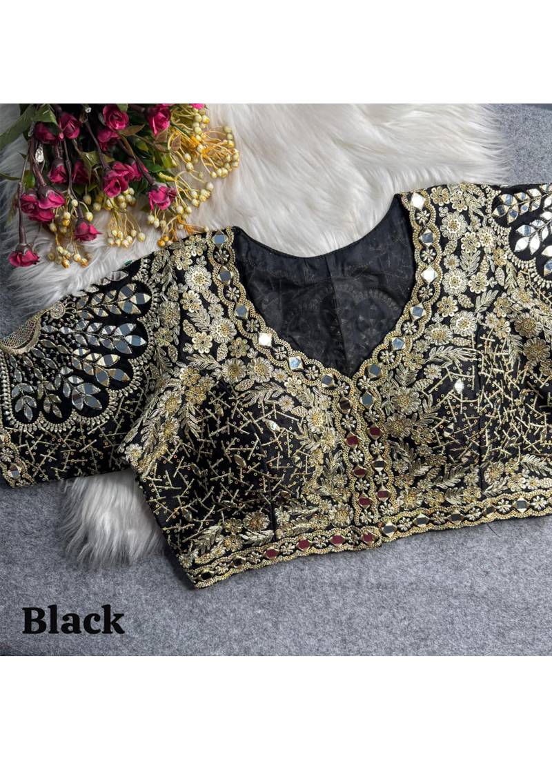 Black italian silk heavy embroidered readymade blouse with real mirror and zari work