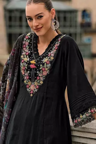 Floral yoke design thread work a-line kurta with trousers & dupatta