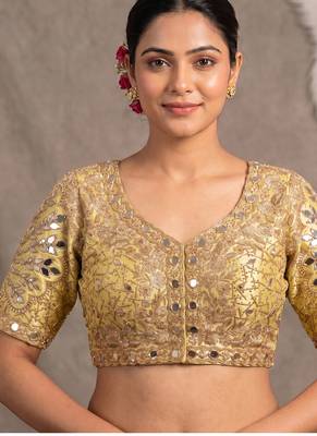 Gold italian silk heavy embroidered readymade blouse with real mirror and zari work 1