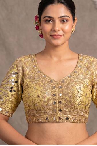 Gold italian silk heavy embroidered readymade blouse with real mirror and zari work