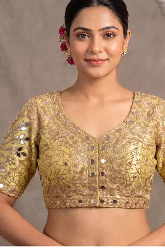 Gold italian silk heavy embroidered readymade blouse with real mirror and zari work