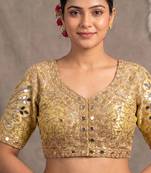 Gold italian silk heavy embroidered readymade blouse with real mirror and zari work