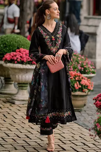 Floral yoke design thread work a-line kurta with trousers & dupatta
