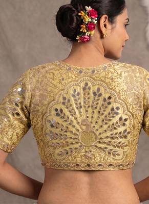 Gold italian silk heavy embroidered readymade blouse with real mirror and zari work 2