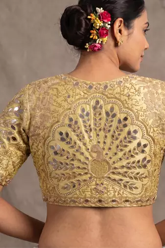 Gold italian silk heavy embroidered readymade blouse with real mirror and zari work