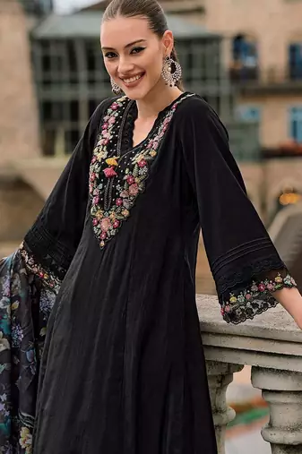 Floral yoke design thread work a-line kurta with trousers & dupatta
