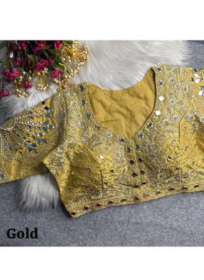 Gold italian silk heavy embroidered readymade blouse with real mirror and zari work 3