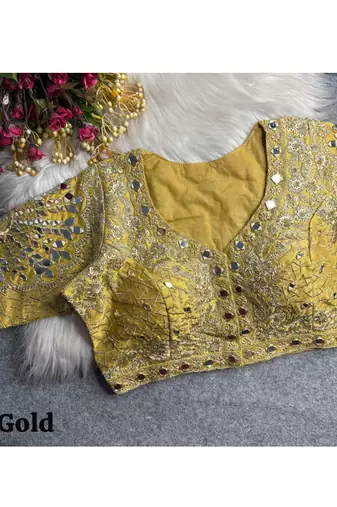 Gold italian silk heavy embroidered readymade blouse with real mirror and zari work